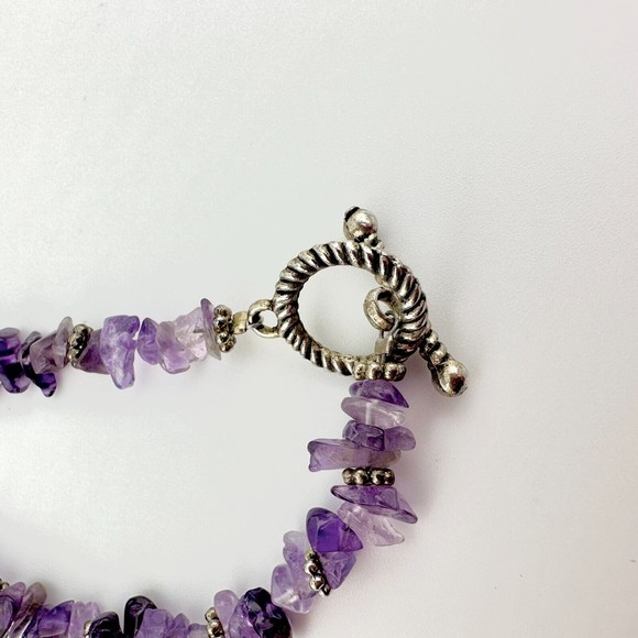 Natural Chip Bead Amethyst Silvertone Necklace with Chunky Stone Drop 15.5" VTG - Picture 5 of 8